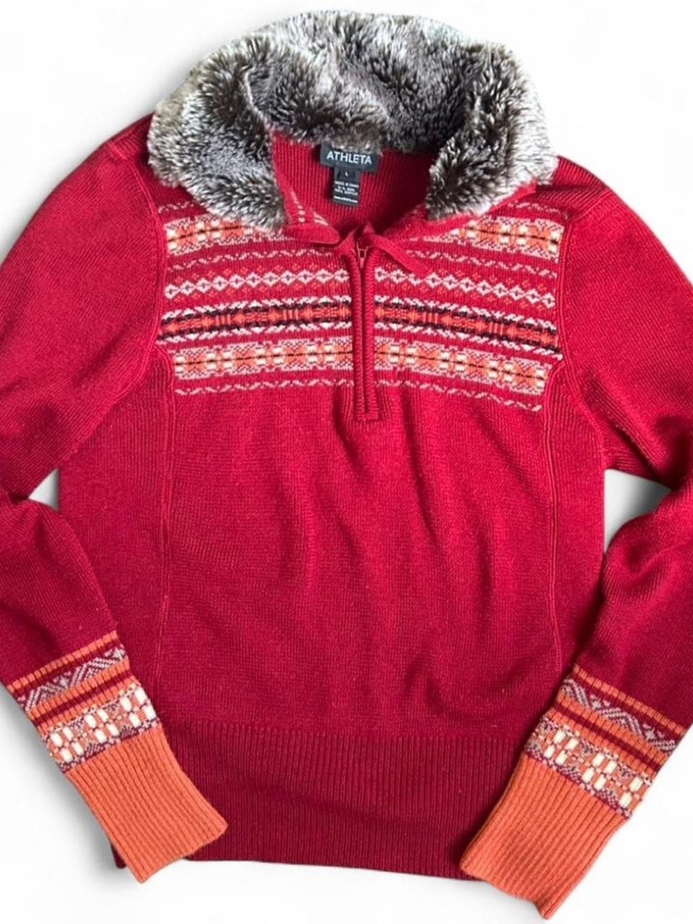 Athleta Women's Vintage Wool Red Half-Zip with Faux Fur Collar (L)